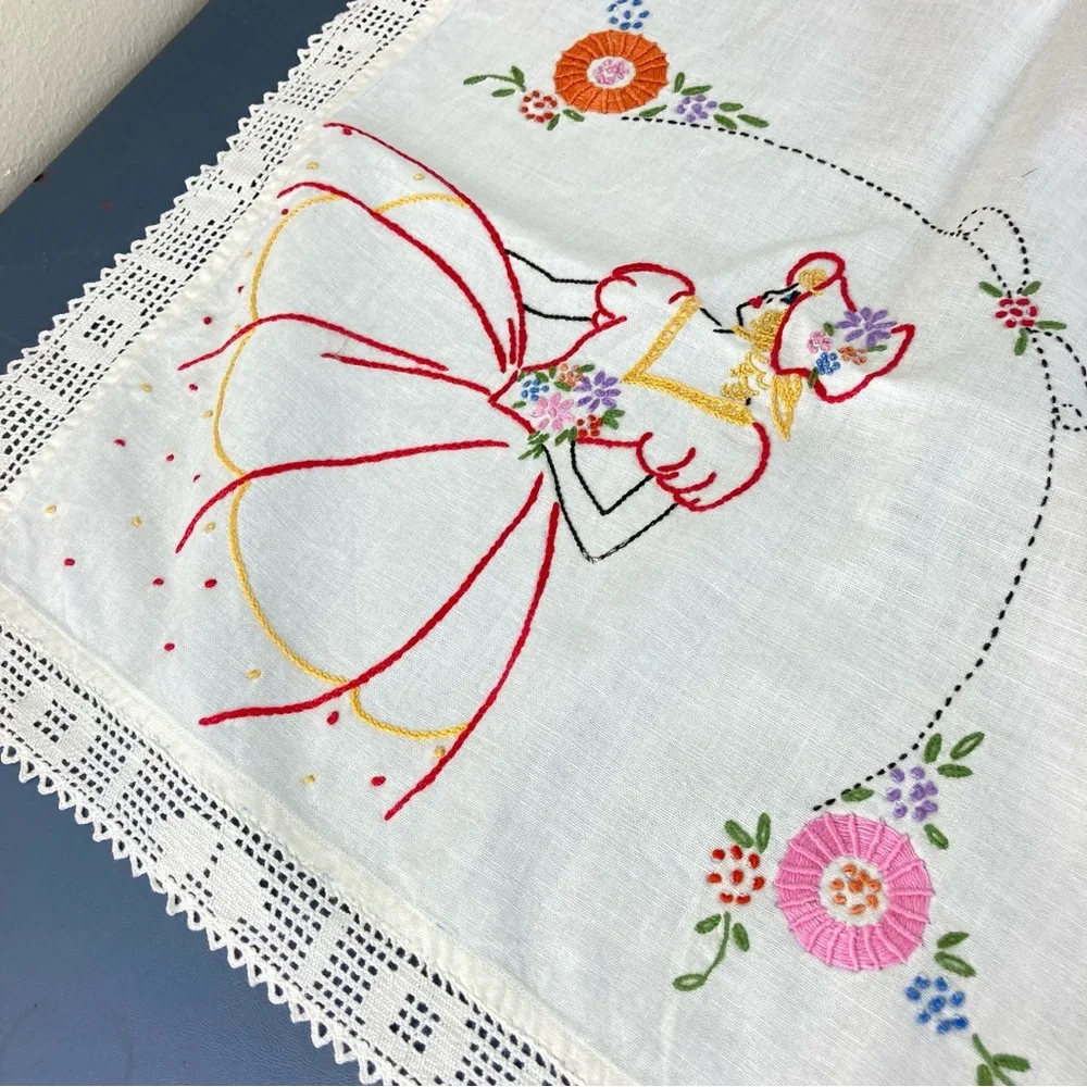Vintage Hand Embroidered Linen & Lace Tablecloth Crinoline Ladies in Hoop Skirts